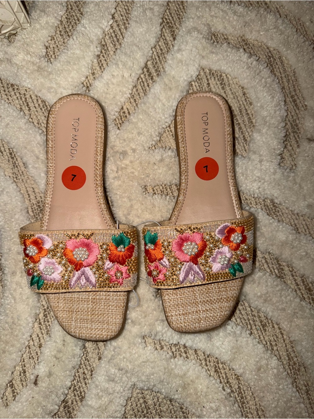TOP Moda Beige Embroidered Floral Slide Mules with Pink & Orange Accents